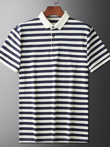 Men's Short Sleeve Striped Polo - Button Placket Contrast Collar