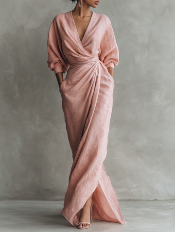 Women's Linen Wrap Maxi Dress V-Neck