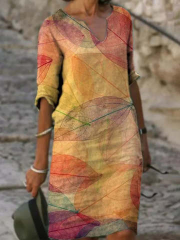 Women's Linen Leaf Print Midi Dress - V-Neck - Three Quarter Sleeve