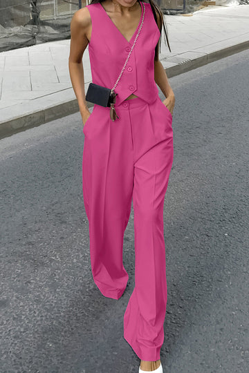 Women's Two-Piece Sleeveless Button-Front Waistcoat Wide Leg Set