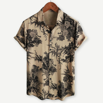 Men's Short-Sleeve Button-Down Shirt - Printed Point Collar Casual Summer Style