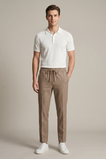 Men's Vertical Pinstripe Tapered Trousers - Smart Casual with Elastic Waist and Pockets