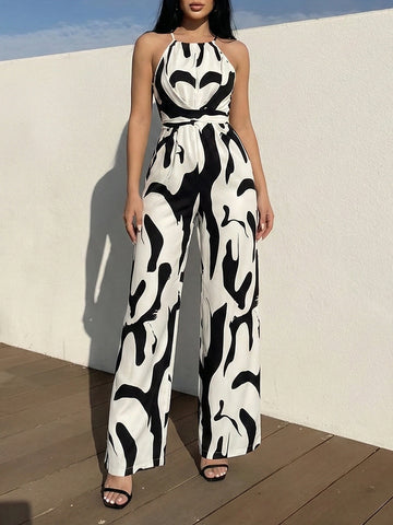 Women's Abstract Print Halter Neck Open Back Sleeveless Belted Wide-Leg Jumpsuit for Evening Wear