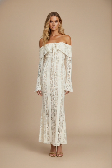 Women’s Off Shoulder Maxi Dress with Long Sleeves Lace Overlay and Flared Hem