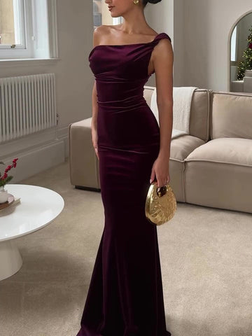 Women’s One Shoulder Ruched Maxi Dress with Fitted Silhouette