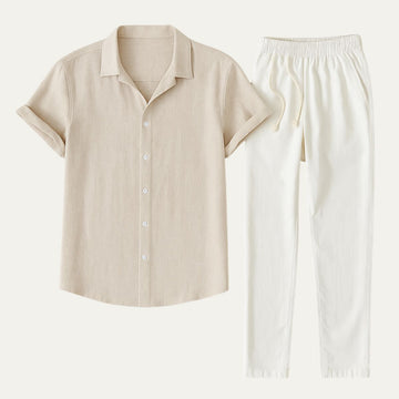 Men's Linen Blend Two-Piece Set - Casual Summer Short-Sleeve Button-Down Shirt and Drawstring Trousers