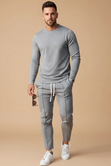 Men's Two Piece Set - Long Sleeve Crewneck Top and Slim Leg Drawstring Trousers - Casual Smart Style