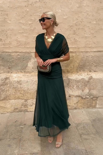 Women's V-Neck Wrap Cape Sleeve Ruched Waist Maxi Dress