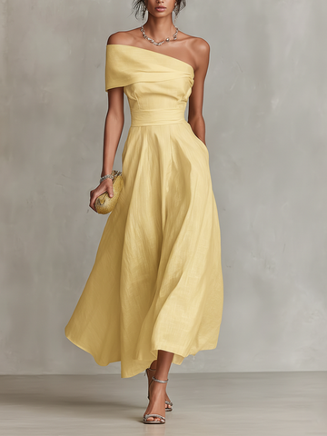 Women's Linen Maxi Dress One-Shoulder