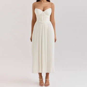 Women's Strapless Flowy Pleated Midi Dress - Sweetheart Corset Bodice