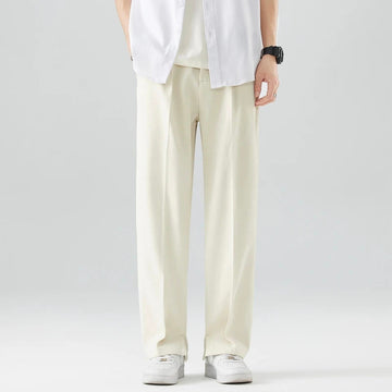 Men's Straight-Leg Dress Trousers - Smart Casual Pleated Pants with Elastic Waist and Slant Pockets