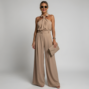 Women's Wide Leg Jumpsuit - Halter Neck - Collared Twist Front - Belted Waist - Dressy Jumpsuit