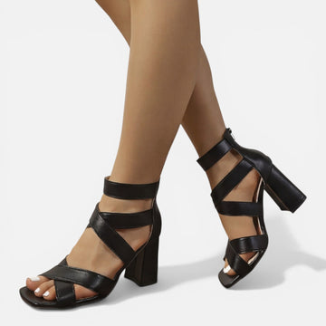 Women's Square Toe Crossover Strap Block Heels - Ankle Buckle