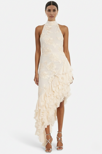 Women's Halter Neck Floral Textured Asymmetric Ruffle Maxi Dress