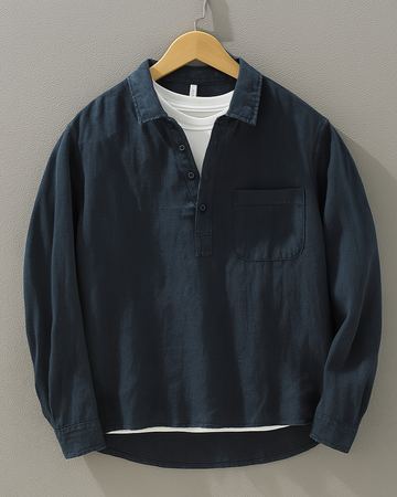 Men's Long-Sleeve Linen Pullover Shirt - Relaxed Fit with Half Placket and Chest Pocket