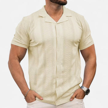 Men's Slim-Fit Knit Cuban Collar Polo - Short Sleeve Chevron Panel Shirt