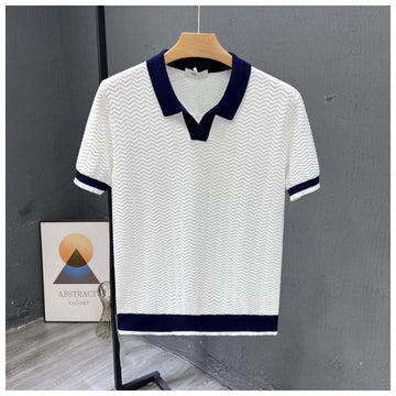 Men’s Short Sleeve Zigzag Knit Polo with Contrast Collar
