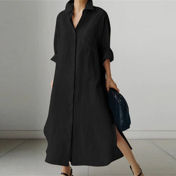 Women's Oversized Linen Long Sleeve Button-Down Maxi Shirt Dress