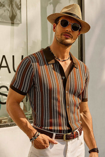 Retro Striped Button-Down Polo Shirt – Short Sleeve Vintage Look for Men