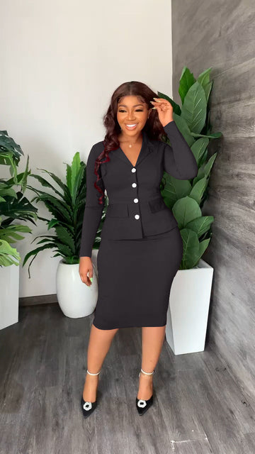 Women's V-Neck Button Front Blazer - Pencil Skirt Two Piece Set
