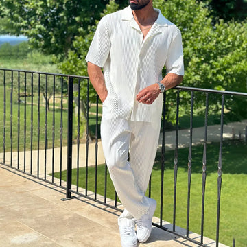 Men's Two Piece Set - Pleated Camp Collar Short Sleeve Shirt - Straight Leg Trousers