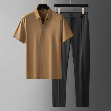 Men’s Short Sleeve Polo Shirt and Trousers Set with Elastic Waist
