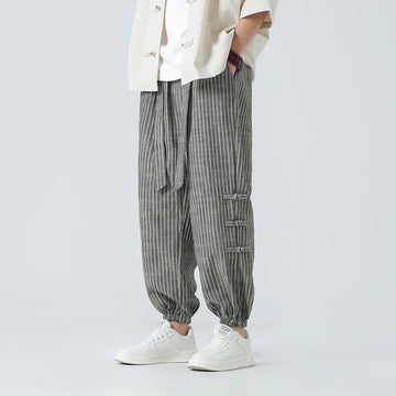 Men's Linen Striped Tapered Trousers - Side Toggle Detail and Elasticated Cuffs