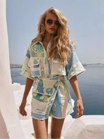 Women’s Short Sleeve Button-Front Shirt and High-Waisted Shorts Set with Patchwork Print and Scalloped Trim