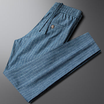 Men's Vertical Pinstripe Tapered Trousers - Smart Casual Pants with Elastic Waist and Pockets