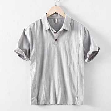 Men's Short-Sleeve Linen Blend Pull-On Shirt - Casual Summer Point Collar Two-Button Top
