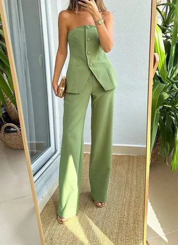 Women's Tailored Two Piece Suit - Strapless Waistcoat and Wide-Leg Trousers