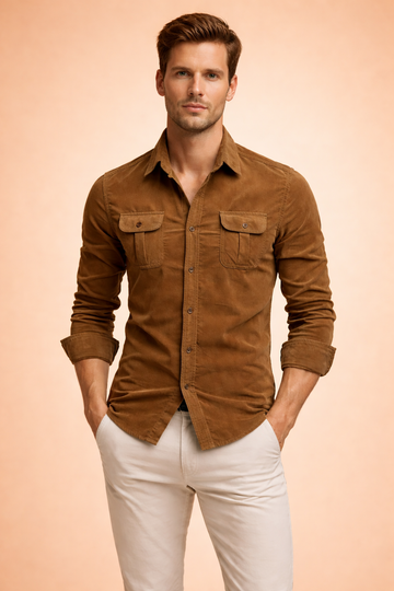 Men's Long Sleeve Corduroy Button Front Shirt - Chest Pockets