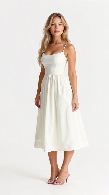 Women’s A-Line Midi Dress – Ascot Style – Spaghetti Straps – Flowing Design – Elegant Fit