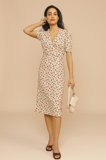 Women’s Floral Midi Dress – V-Neck Garden Party Elegance