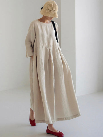 Women's Linen Tiered Long Sleeve Round Neck Maxi Dress - Relaxed