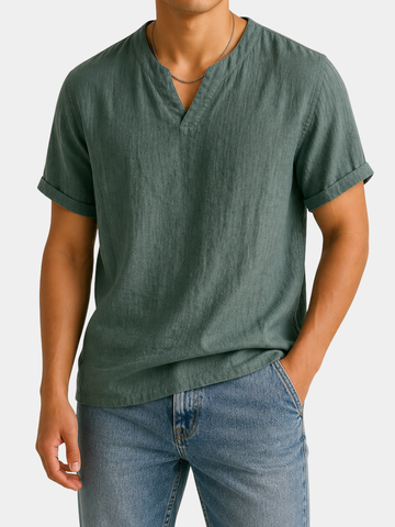 Men's Linen Short Sleeve V-Neck Henley Top