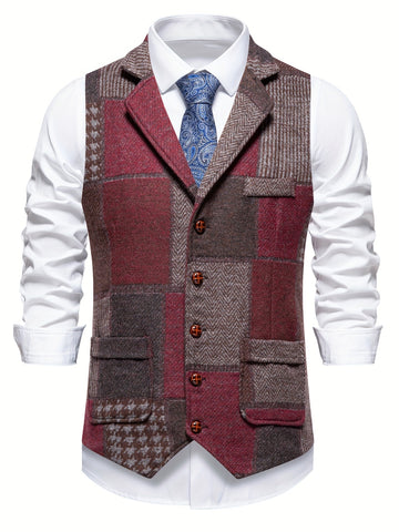 Men's Patchwork Herringbone Waistcoat - Single-Breasted Vest