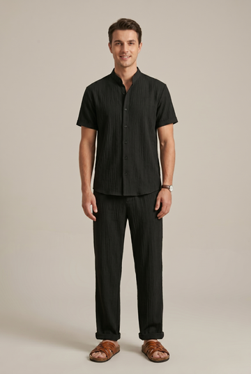 Men's Tailored Two-Piece Set - Short Sleeve Collared Shirt - Drawstring