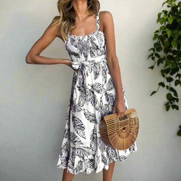 Women’s Sleeveless Midi Dress with Ruffle Neckline, Tie Waist and Leaf Print