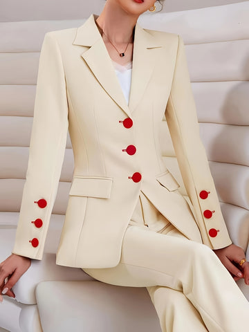 Women's Beige Tailored Blazer - Contrast Button Two Piece Suit