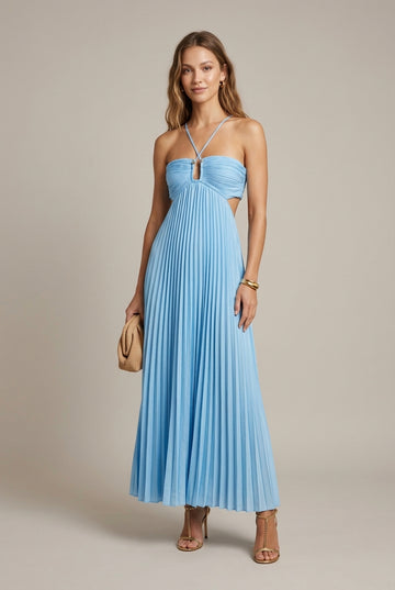 Women's Halter Neck Flowy Pleated Maxi Dress - Cut-Out Tie Back