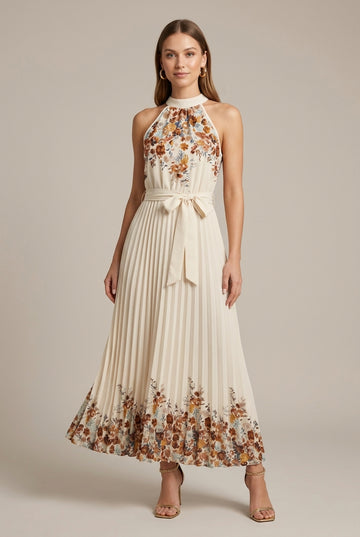 Women's Floral Print Pleated Maxi Dress - Sleeveless Stand Collar