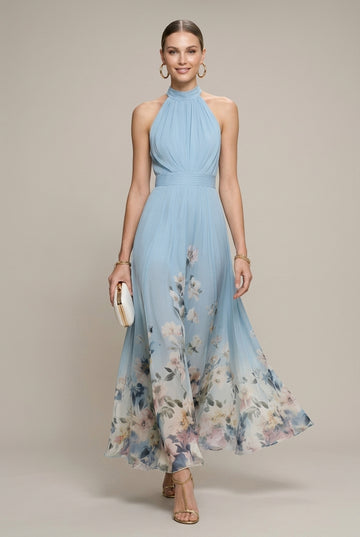 Women's Halter Neck Floral Border Print A-Line Maxi Dress