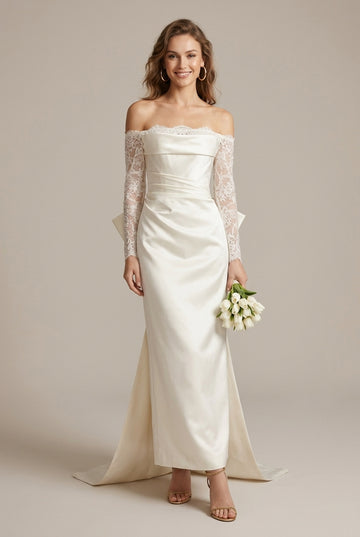 Women's White Bridal Off Neck High Waist Slim Fit Maxi Dress