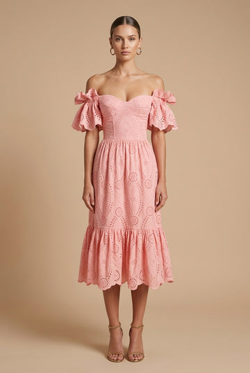 Women's Eyelet Midi Dress - Off Shoulder Wedding Guest Style