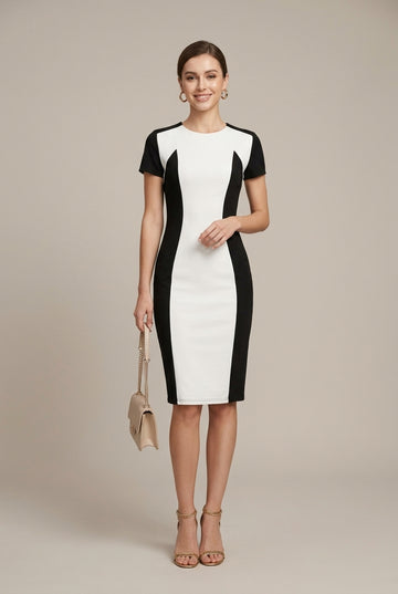 Women's Tailored Colour Block V-Neck Short Sleeve Bodycon Midi Dress