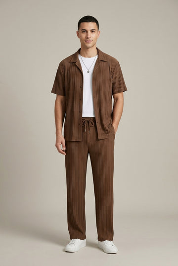 Men's Two Piece Set - Textured Shirt - Tailored Drawstring Trousers