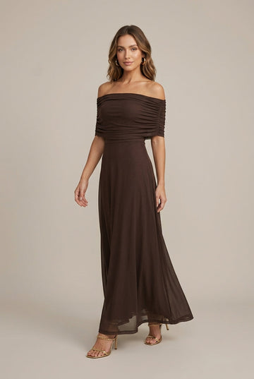 Women's Off Shoulder Ruched Bodice Maxi Dress