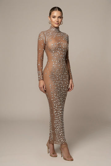 Women's Long Sleeve Mesh Dress - Rhinestone Embellished Evening Gown