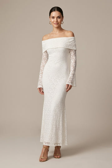 Women's Off Shoulder Wedding Guest Lace Maxi Dress - Mermaid Style Flared Sleeves
